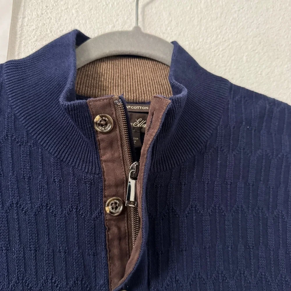 Tasso‎ Elba Mens Sweater Large Navy Blue Supima Cotton Cable Knit Mock Neck